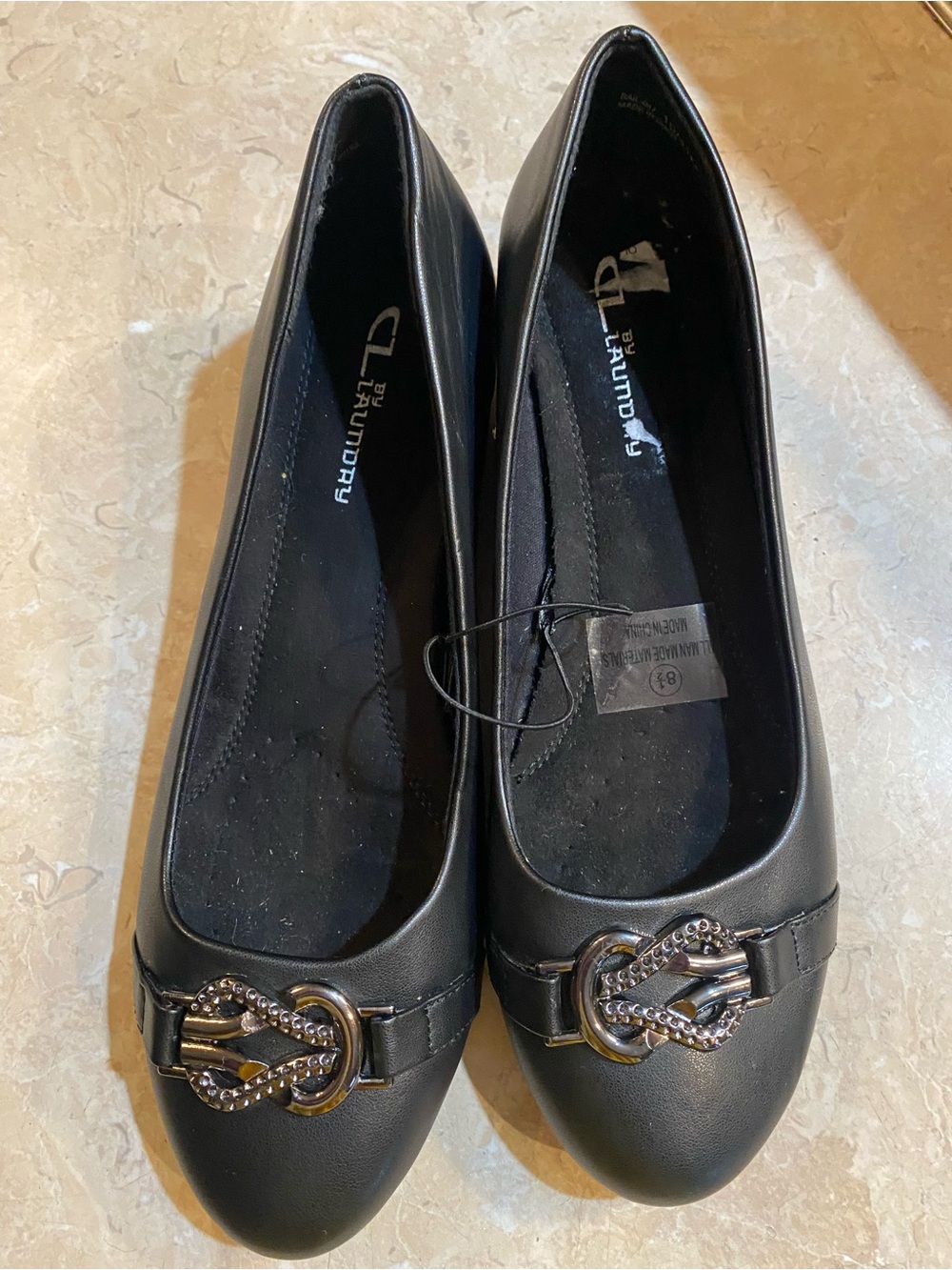 CL by Laundry Black Faux-Leather Slip-On Flats with Decorative Chain Buckle